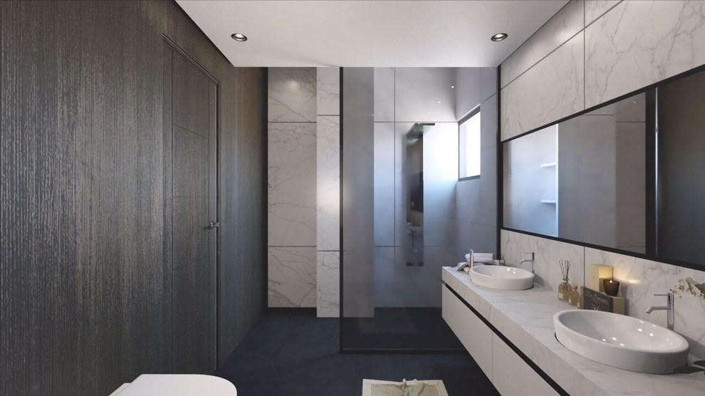Inspiration för ett stort funkis en-suite badrum, med vita skåp, en hörndusch, grå kakel, marmorkakel, flerfärgade väggar, betonggolv, ett fristående handfat, marmorbänkskiva, svart golv och med dusch som är öppen