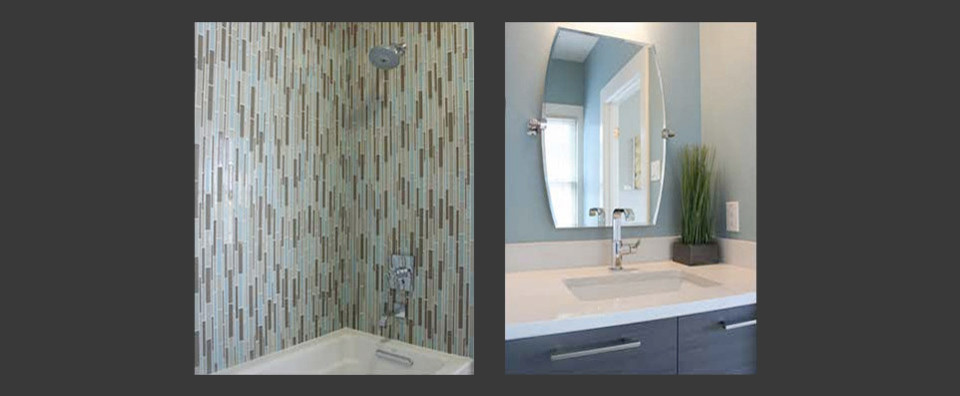 Inspiration for a mid-sized contemporary master multicolored tile and glass tile ceramic tile bathroom remodel in Austin with an undermount sink, flat-panel cabinets, medium tone wood cabinets, quartz countertops, a one-piece toilet and gray walls