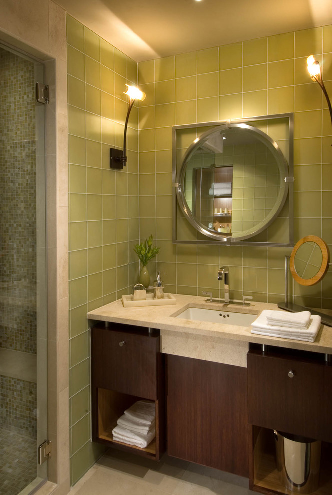 Photo of a contemporary bathroom in Dallas with mosaic tiles.