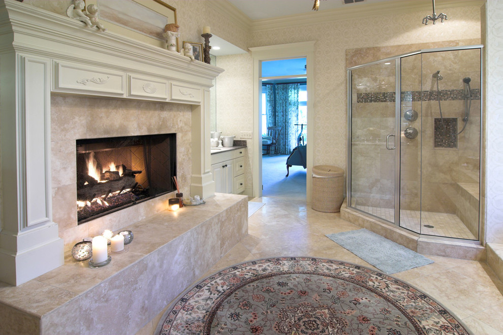 Example of a large classic master marble floor corner shower design in Orange County with beige walls, raised-panel cabinets, white cabinets, an undermount sink and quartz countertops