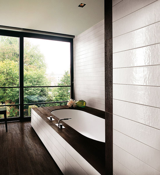 Mittelgroßes Modernes Badezimmer En Suite mit Unterbauwanne, Keramikfliesen, weißer Wandfarbe und dunklem Holzboden in Boston