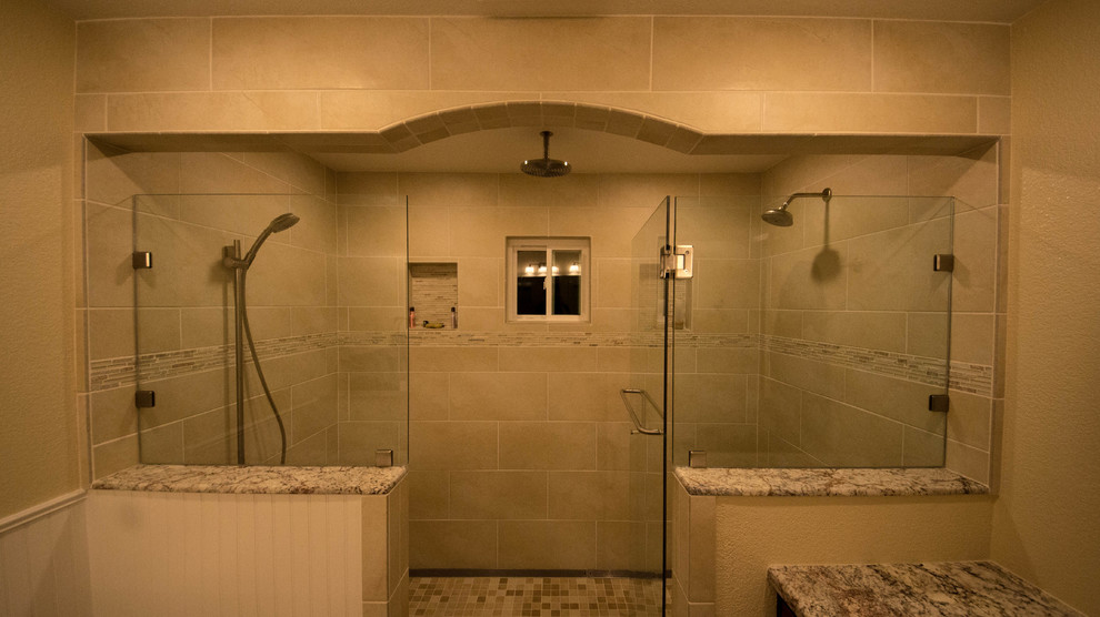 Example of a mid-sized minimalist master beige tile, brown tile and porcelain tile dark wood floor bathroom design in Sacramento with granite countertops, raised-panel cabinets, dark wood cabinets, a one-piece toilet, gray walls and a drop-in sink