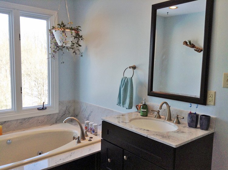 Photo of a contemporary ensuite bathroom in Philadelphia with a built-in bath, blue walls and a console sink.
