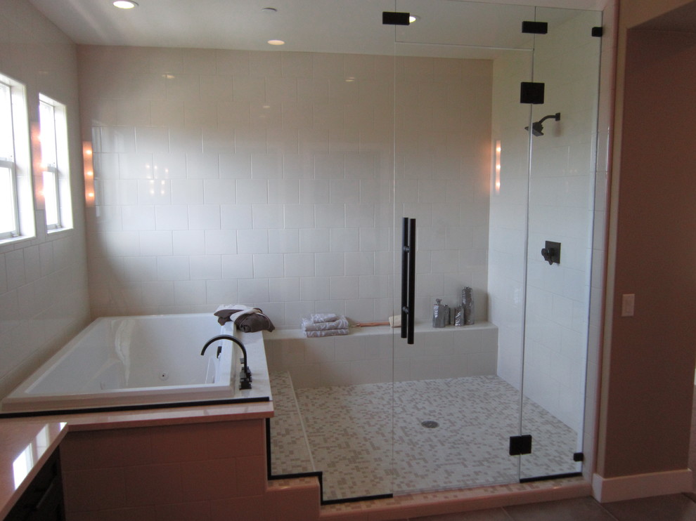 Inspiration for a mid-sized transitional master white tile and porcelain tile porcelain tile and beige floor bathroom remodel in Orange County with beige walls, quartz countertops and a hinged shower door