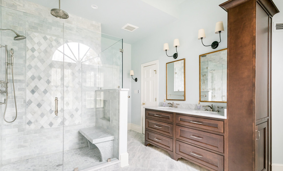 Master blue tile and marble tile marble floor bathroom photo in Richmond with beaded inset cabinets, blue walls, an undermount sink, marble countertops and a hinged shower door