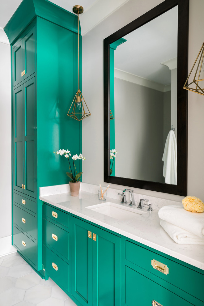 Inspiration for a medium sized traditional bathroom in Atlanta with shaker cabinets, green cabinets, an alcove shower, a two-piece toilet, white tiles, porcelain tiles, grey walls, marble flooring, a submerged sink, engineered stone worktops, white floors and a hinged door.