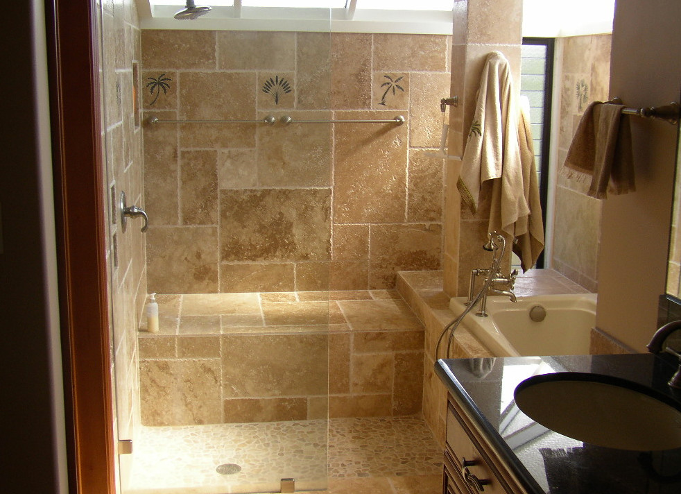 Design ideas for a medium sized beach style shower room bathroom in Los Angeles with raised-panel cabinets, dark wood cabinets, a built-in bath, an alcove shower, beige tiles, travertine tiles, beige walls, travertine flooring, a submerged sink, granite worktops, beige floors and a hinged door.