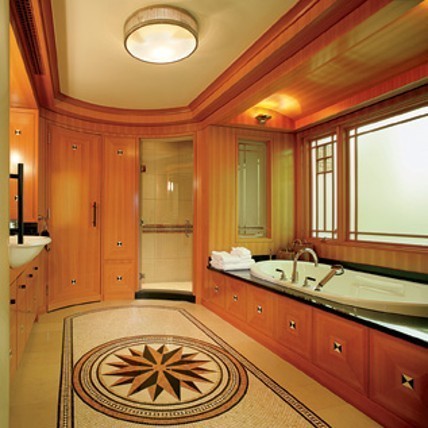 Cette image montre une très grande salle de bain principale minimaliste en bois brun avec un placard à porte plane, une baignoire posée, une douche d'angle, un carrelage multicolore, un mur marron, un sol en carrelage de terre cuite, un lavabo posé et un plan de toilette en granite.