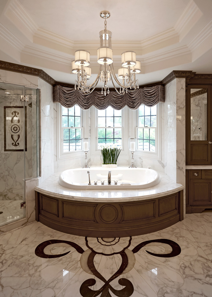 Photo of a large classic ensuite bathroom in New York with a submerged sink, freestanding cabinets, grey cabinets, marble worktops, a hot tub, a corner shower, a two-piece toilet, white tiles, stone tiles, white walls and marble flooring.