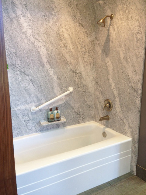 Inspiration for a classic bathroom in San Diego with an alcove bath, a shower/bath combination and grey walls.
