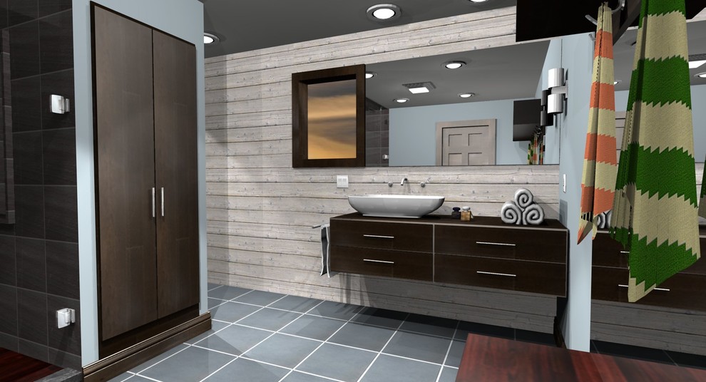 Photo of a medium sized modern shower room bathroom in Cleveland with flat-panel cabinets, dark wood cabinets, wooden worktops, grey tiles, stone tiles, blue walls and slate flooring.