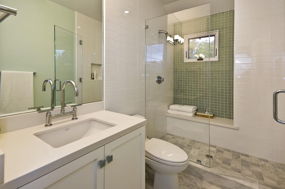 Design ideas for a medium sized contemporary shower room bathroom in San Francisco with shaker cabinets, white cabinets, an alcove shower, a one-piece toilet, white walls and a submerged sink.