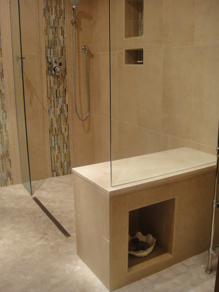 Small minimalist 3/4 blue tile and matchstick tile porcelain tile walk-in shower photo in San Diego with shaker cabinets, dark wood cabinets, a two-piece toilet, beige walls, a drop-in sink and solid surface countertops