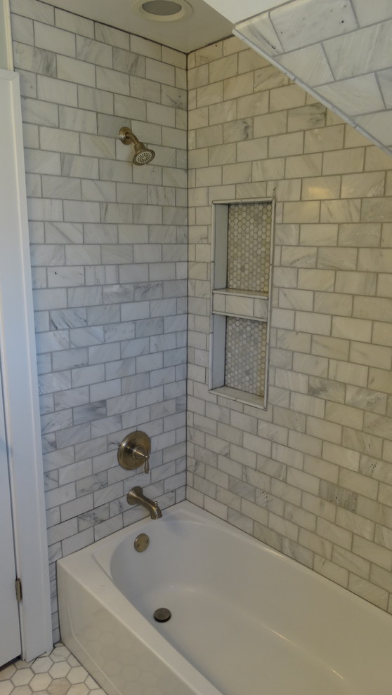 Small modern shower room bathroom in Cleveland with a pedestal sink, an alcove bath, a shower/bath combination, grey tiles, metro tiles and marble flooring.