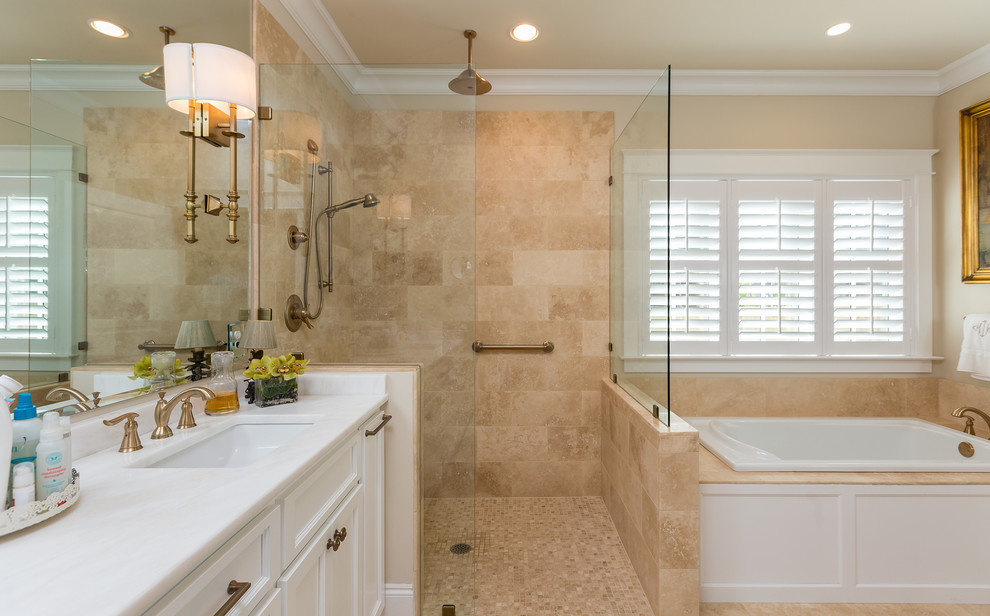 Bathroom - mid-sized craftsman beige tile and porcelain tile porcelain tile bathroom idea in Miami with furniture-like cabinets, dark wood cabinets, a one-piece toilet, beige walls, an undermount sink and marble countertops