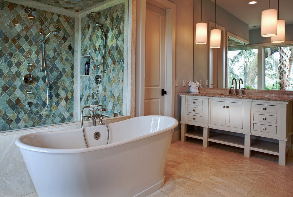 Example of a large beach style master multicolored tile bathroom design in Charleston with a drop-in sink