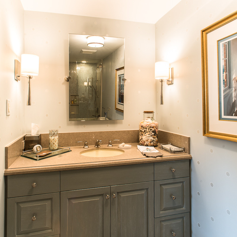Inspiration for a mid-sized transitional 3/4 blue tile and porcelain tile bathroom remodel in Houston with raised-panel cabinets, gray cabinets, blue walls, an undermount sink, terrazzo countertops and a hinged shower door