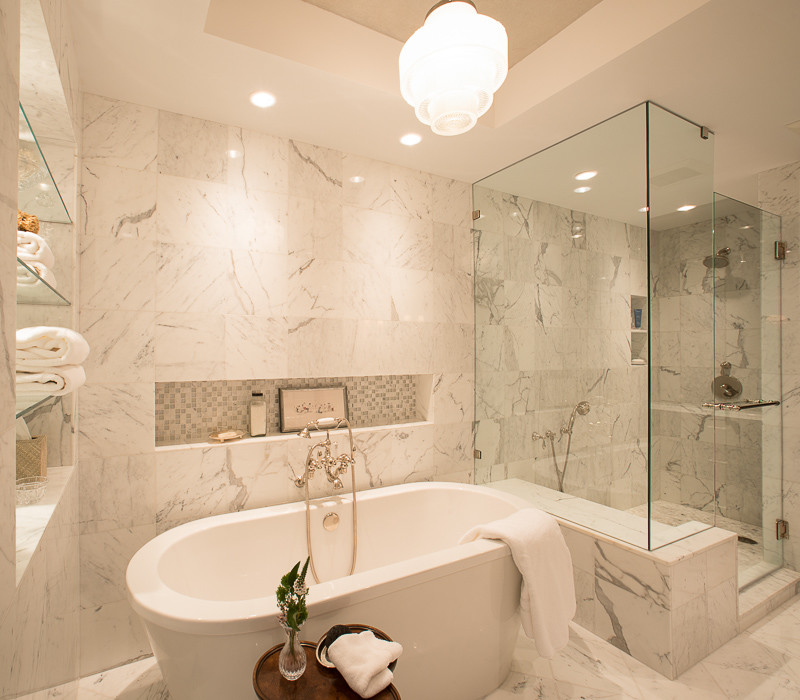 Bathroom - large transitional master white tile and marble tile marble floor and gray floor bathroom idea in Houston with gray walls and a hinged shower door