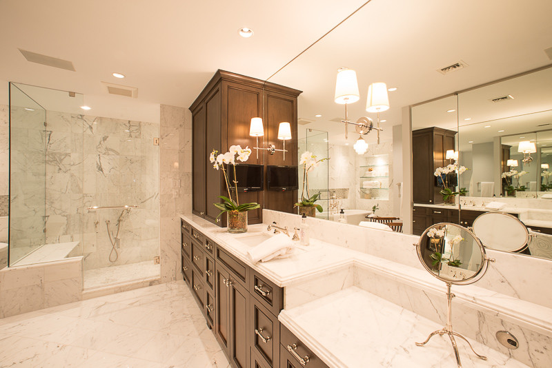 Large transitional master gray tile, white tile and marble tile marble floor and white floor bathroom photo in Houston with beaded inset cabinets, dark wood cabinets, white walls, an undermount sink, marble countertops and a hinged shower door
