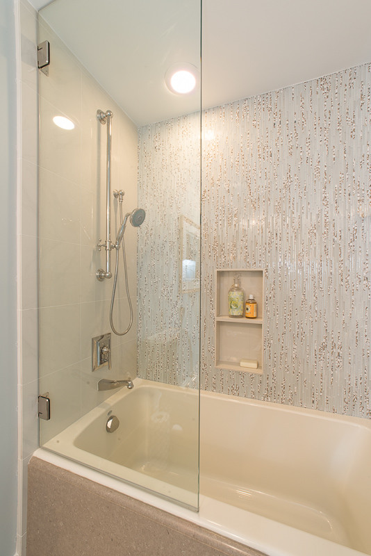 Bathroom - mid-sized transitional 3/4 blue tile and porcelain tile bathroom idea in Houston with raised-panel cabinets, gray cabinets, blue walls, an undermount sink, terrazzo countertops and a hinged shower door