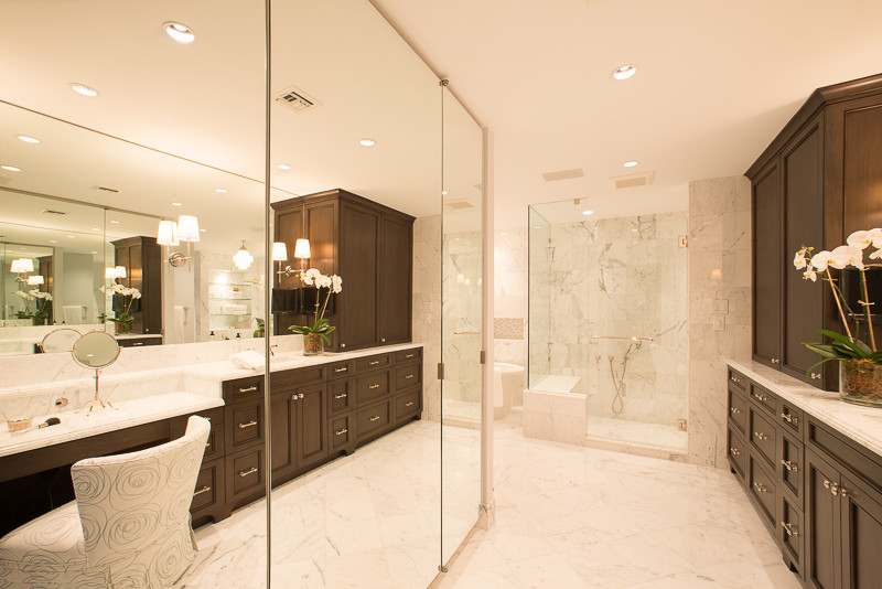 Inspiration for a large transitional master gray tile, white tile and marble tile marble floor and white floor bathroom remodel in Houston with beaded inset cabinets, dark wood cabinets, white walls, an undermount sink, marble countertops and a hinged shower door