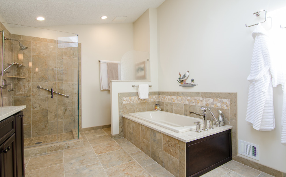 Mid-sized eclectic multicolored tile and porcelain tile porcelain tile bathroom photo in DC Metro with an undermount sink, recessed-panel cabinets, dark wood cabinets, quartz countertops, a two-piece toilet and white walls