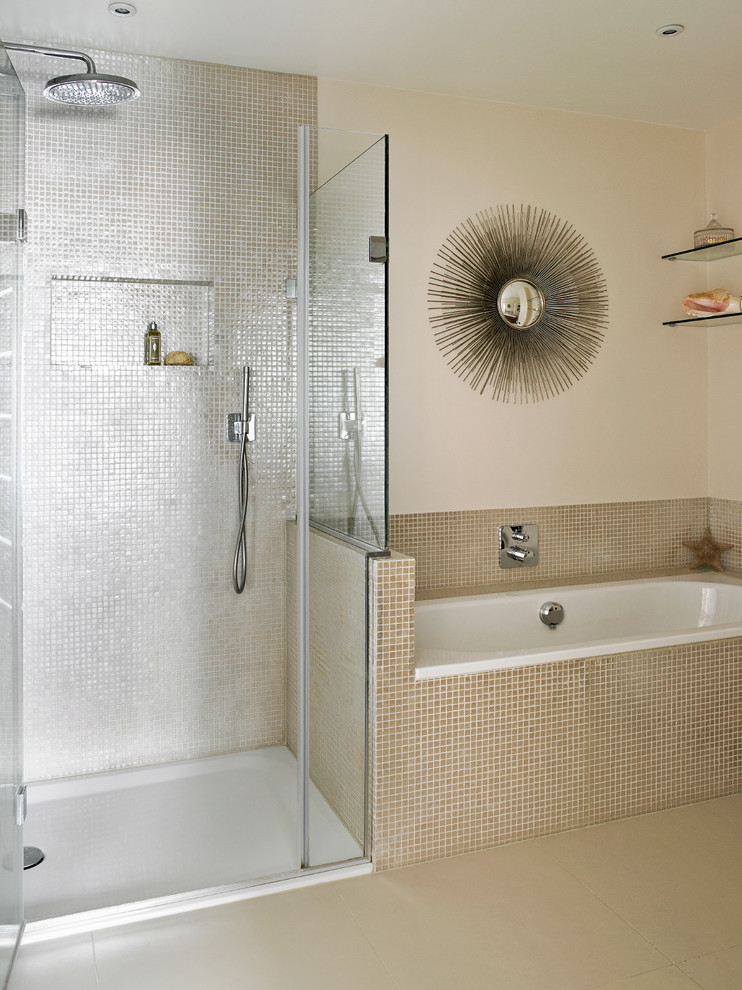 Design ideas for a contemporary ensuite half tiled bathroom in London.