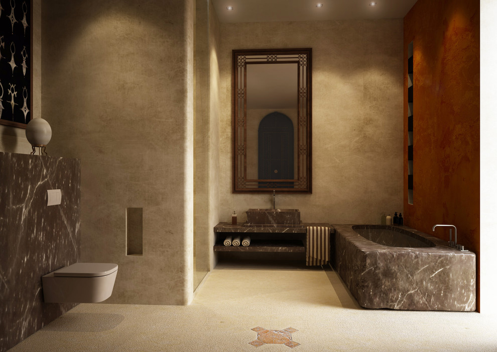 На фото: главная ванная комната среднего размера в современном стиле с открытыми фасадами, коричневыми фасадами, отдельно стоящей ванной, открытым душем, инсталляцией, разноцветной плиткой, плиткой из травертина, разноцветными стенами, полом из известняка, консольной раковиной, мраморной столешницей, бежевым полом, открытым душем и коричневой столешницей с
