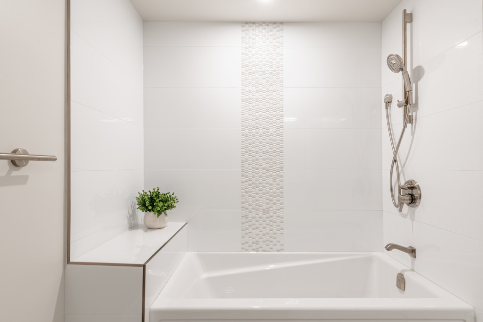 Example of a small transitional master white tile and ceramic tile light wood floor bathroom design in Vancouver with shaker cabinets, white cabinets, a two-piece toilet, gray walls, an undermount sink, quartz countertops and white countertops