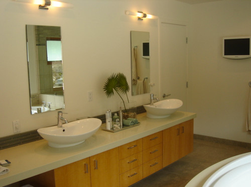 Floating vanity bathroom cabinets color in light wood finish enhancing Feng Shui Chi flow and openness