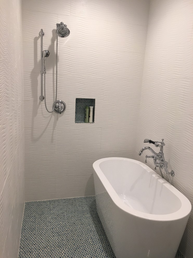 This is an example of a small bathroom in Other with a freestanding bath, white tiles, ceramic tiles, white walls, porcelain flooring, blue floors and an open shower.