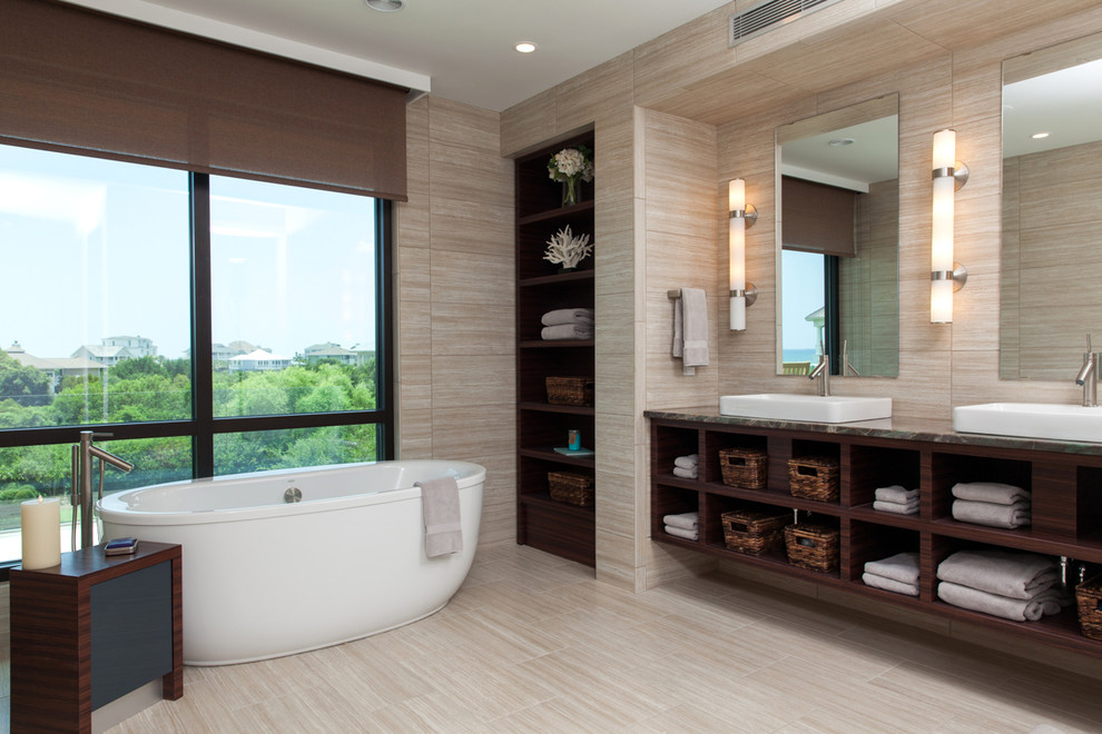 Bathroom - mid-sized modern master brown tile ceramic tile bathroom idea in Wilmington with open cabinets, dark wood cabinets and multicolored walls