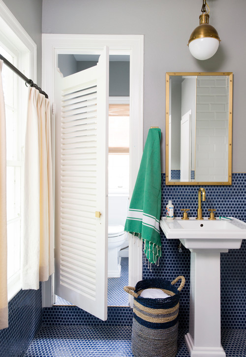Mosaic Magic: Boys Bathroom Inspirations with Blue Mini Mosaics and Brass Faucet