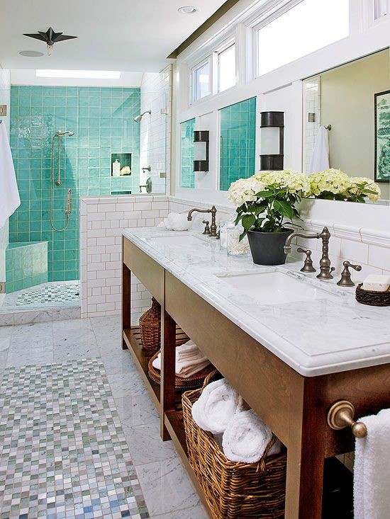 Alcove shower - huge coastal master green tile and subway tile marble floor alcove shower idea in Los Angeles with an undermount sink, furniture-like cabinets, medium tone wood cabinets, marble countertops and white walls