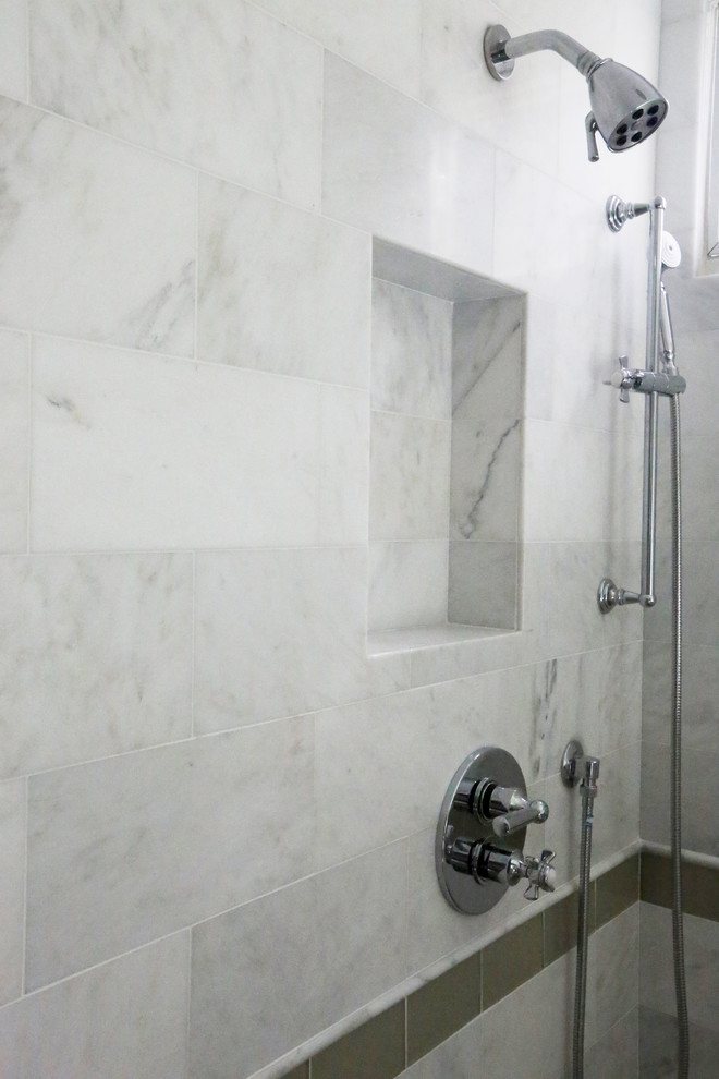 Inspiration for a mid-sized timeless master white tile and stone tile pebble tile floor corner shower remodel in San Diego with shaker cabinets, gray cabinets, marble countertops, an undermount tub, a two-piece toilet, an undermount sink and white walls