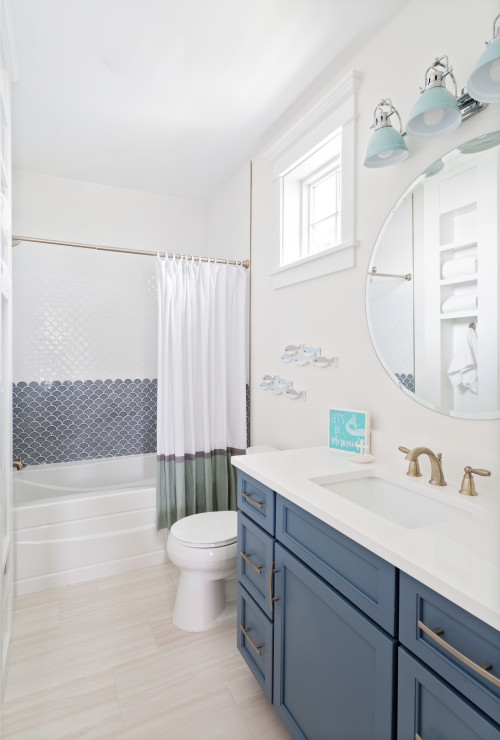 Navigate Seaside Elegance: Nautical Bathroom Curtain Inspirations with Blue Vanity