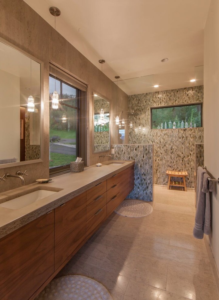 Design ideas for a large classic ensuite bathroom in Denver with flat-panel cabinets, light wood cabinets, a walk-in shower, glass tiles, a submerged sink and concrete worktops.