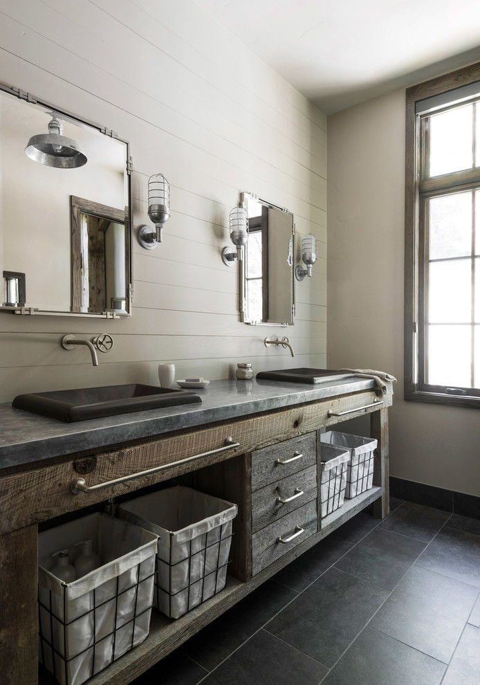 Bathroom - mid-sized rustic 3/4 ceramic tile and gray floor bathroom idea in Other with flat-panel cabinets, distressed cabinets, white walls, a drop-in sink and concrete countertops