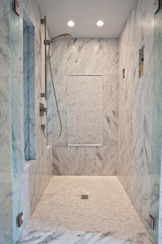 Large trendy master gray tile marble floor alcove shower photo in San Diego with a pedestal sink and gray walls