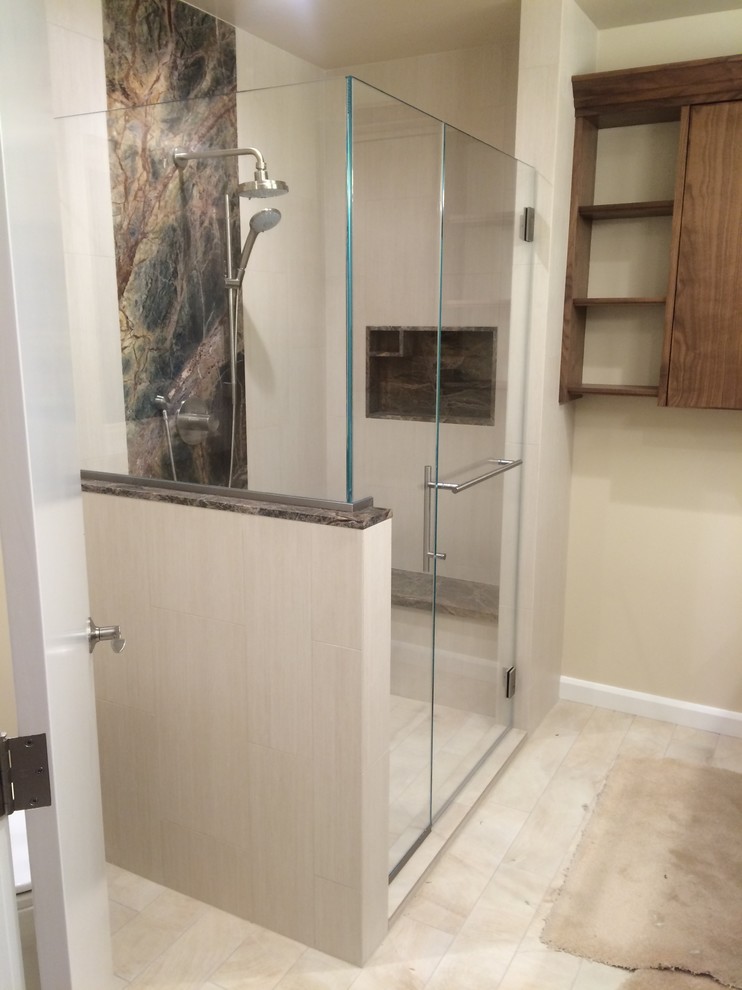 Large transitional master beige tile and porcelain tile porcelain tile alcove shower photo in Los Angeles with a two-piece toilet and beige walls