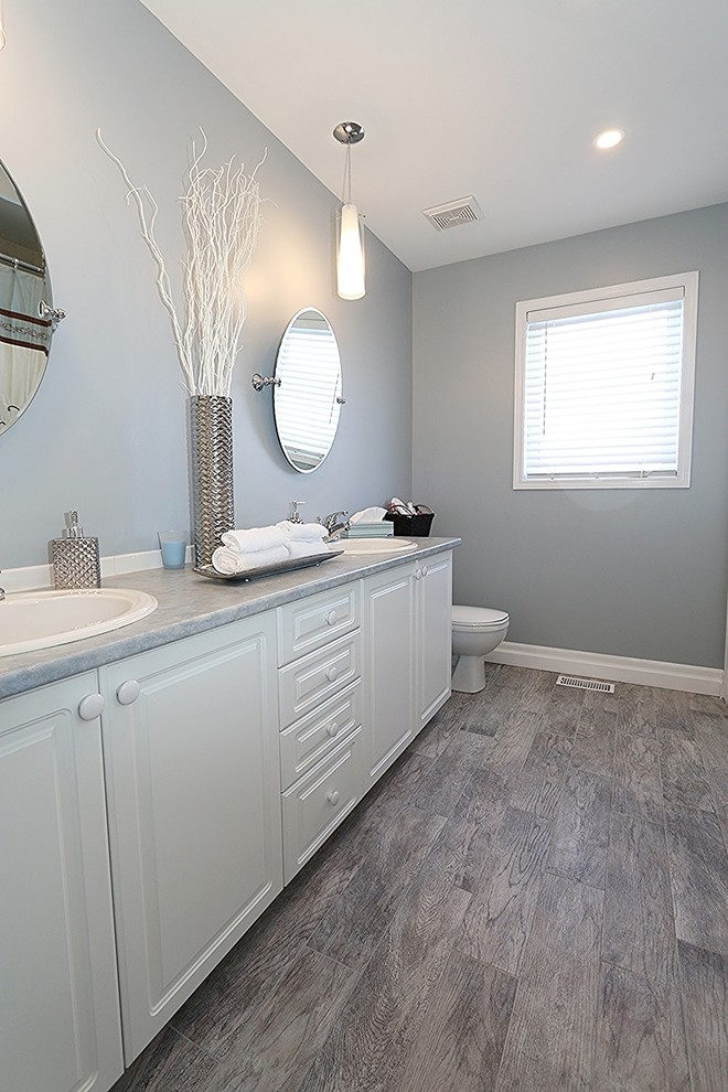Idee per una stanza da bagno con doccia minimalista di medie dimensioni con pareti grigie, parquet chiaro, ante bianche, WC monopezzo, ante con bugna sagomata e lavabo da incasso