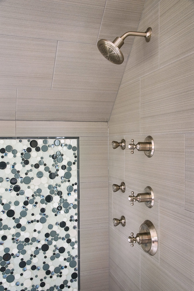 Inspiration for a large contemporary master blue tile and glass tile ceramic tile and gray floor corner shower remodel in St Louis with beaded inset cabinets, brown cabinets, a one-piece toilet, beige walls, a drop-in sink, marble countertops and a hinged shower door