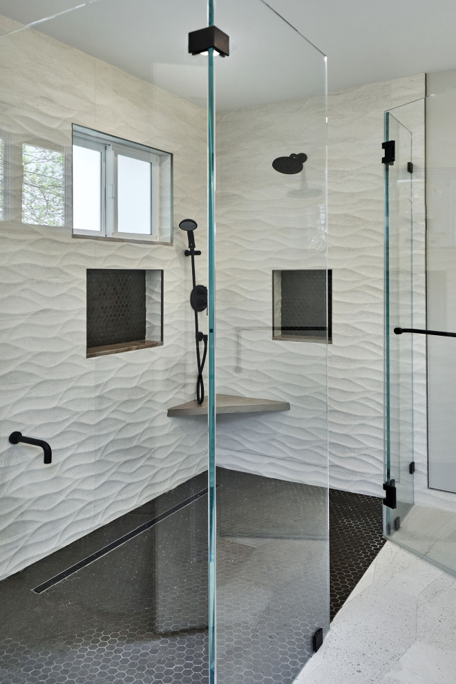 Inspiration for a mid-sized modern master beige tile and porcelain tile porcelain tile and beige floor walk-in shower remodel in San Francisco with flat-panel cabinets, white cabinets, a one-piece toilet, gray walls, an undermount sink, quartzite countertops, a hinged shower door and beige countertops