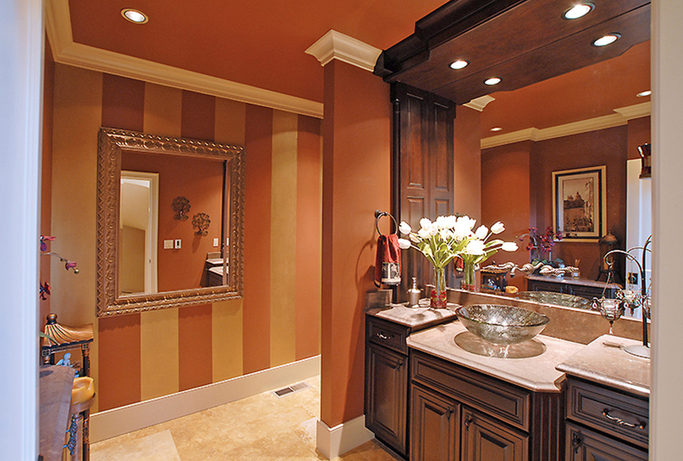 Medium sized traditional shower room bathroom in Seattle with freestanding cabinets, a one-piece toilet, multi-coloured walls and beige worktops.