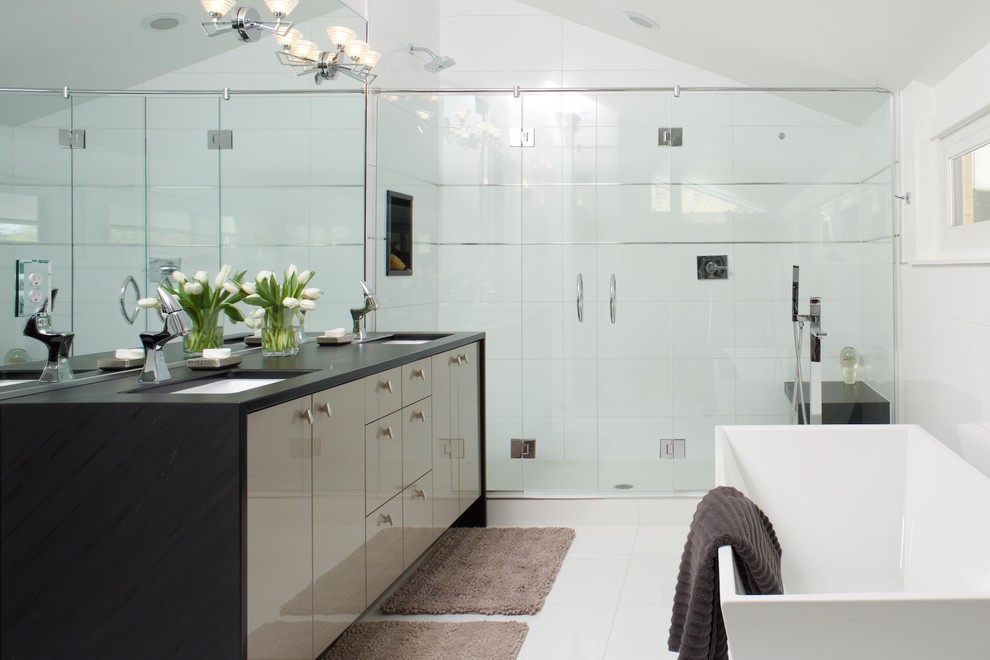 Trendy white tile porcelain tile bathroom photo in Denver with white walls, beige cabinets, flat-panel cabinets and an undermount sink