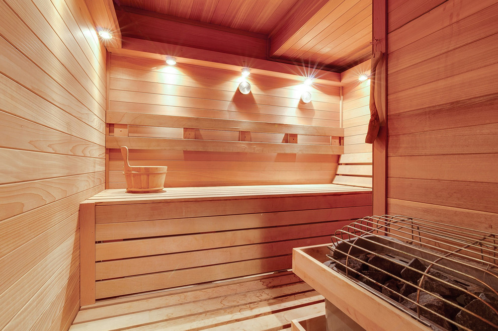 Sauna - mid-sized craftsman sauna idea in Chicago with shaker cabinets and light wood cabinets