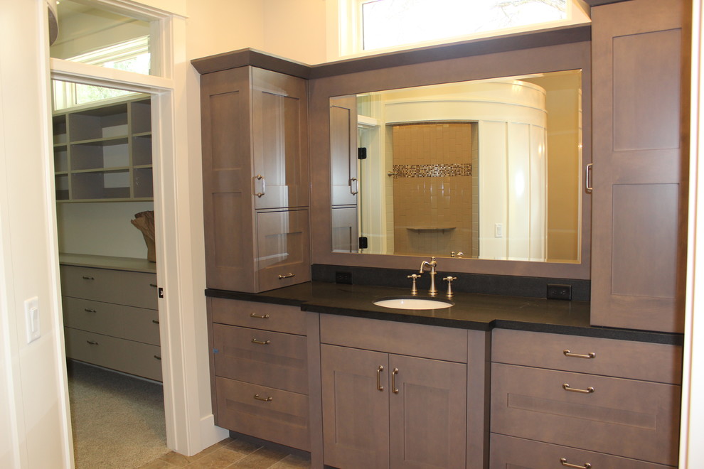 Large classic ensuite bathroom in Salt Lake City with shaker cabinets, grey cabinets, a walk-in shower, a bidet, grey tiles, metro tiles, grey walls and a submerged sink.