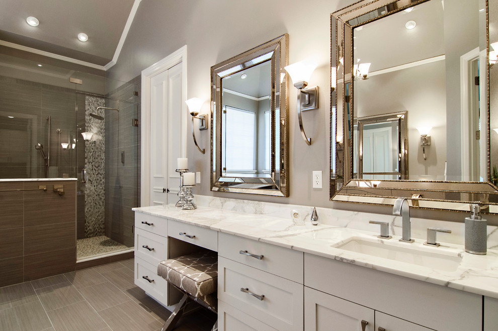 Inspiration for a transitional bathroom remodel in Dallas with shaker cabinets and an undermount sink