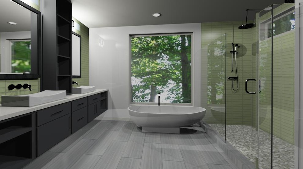 Example of a mid-sized trendy master green tile and glass tile marble floor bathroom design in Houston with a console sink, flat-panel cabinets, dark wood cabinets, quartz countertops, a one-piece toilet and white walls