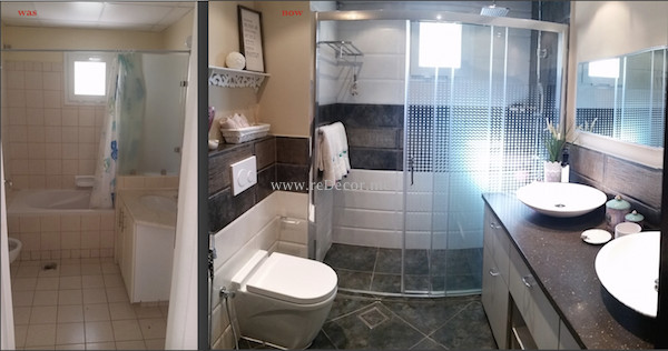Medium sized contemporary family bathroom in Other with a pedestal sink, freestanding cabinets, medium wood cabinets, engineered stone worktops, a built-in shower, a wall mounted toilet, ceramic tiles, beige walls and ceramic flooring.